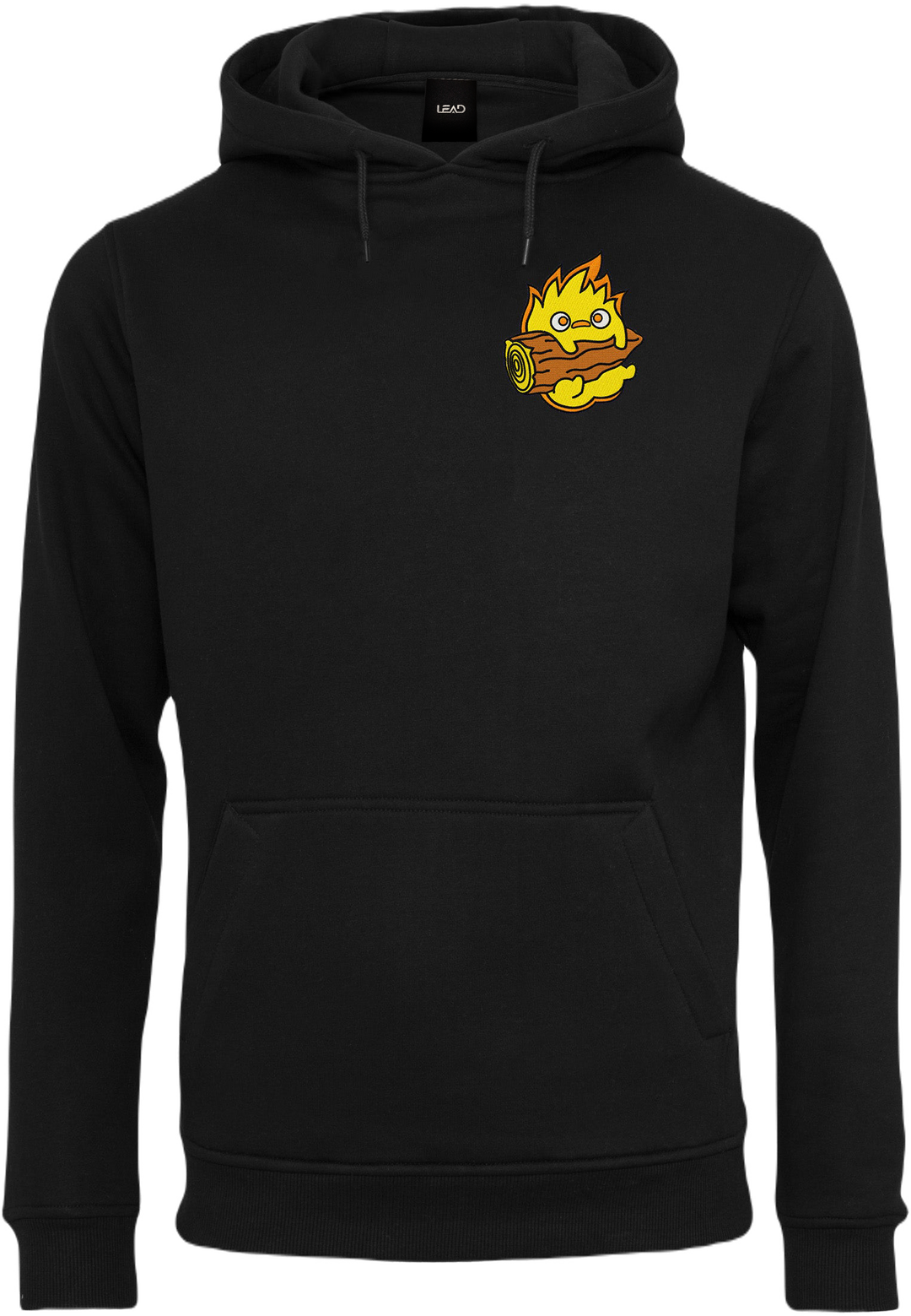 sweat a capuche noir avec un design brodé de calcifer du chateau ambulant de studio ghibli