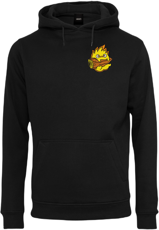 sweat a capuche noir avec un design brodé de calcifer du chateau ambulant de studio ghibli